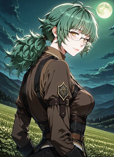 <lora:Emily_Watsken__The_Beginning_After_the_End__Illustrious:1>
1 girl, solo, yellow eyes, green hair, ahoge, low ponytail, bangs, long hair, messy hair, freckles, black pants, knee boots, brown shirt, long sleeves, collared shirt, glasses, round eyewear, belt, 
score_9, score_8_up, score_7_up, very aesthetic, source_anime, detailed, high quality, beautiful, masterpiece, detailed eyes, field, blurry background, pose dynamic angle, upper body, cowboy shot, light smile, looking back, floating hair, night, green moon, greenish sky, <lora:iLLMythG0thicL1nes:1>