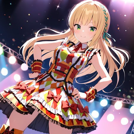 masterpiece,ichinoserei2,1girl,smile,idolypride dress,idoly wrist cuffs,idoly hair ribbon,idoly kneeboots,solo,depth of field,<lora:IchinoseRei:0.78>,on stage,green eyes,hands_on_hips,