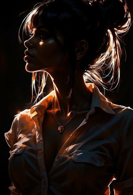 Silhouette Art, breathtaking detailed, masterpiece, awe-inspiring, radiant, magnificent, dark background, photorealistic portrait of stunning oriental female woman, bangs, lips parted,, seductive, sultry, lustful, unbuttoned blouse, no bra, cleavage, silhouetted, light hitting one side of face, the other side in darkness
