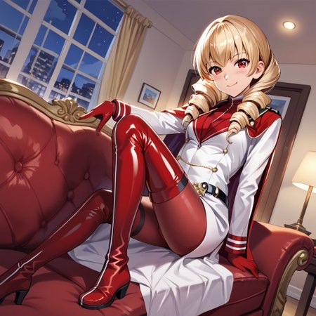 masterpiece, best quality, score_9, score_8_up, score_7_up, full body, 1 girl, looking at viewer, cowboy shot, dutch angle, indoors, sitting on couch, living room, night, blush, smile, erika_wagner, aged_down, slim, blonde_hair, red_eyes, drill_hair, twin_drills, red latex cape, latex military_uniform, belt, white latex coat, grey latex pantyhose, red thigh high latex boots, flat boots, red latex gloves