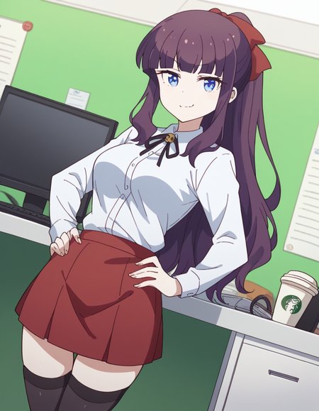 score_9, score_8_up, score_7_up, source_anime, <lora:hifumi-takimoto-s2-ponyxl-lora-nochekaiser:1>, hifumi takemoto, long hair, bangs, blue eyes, bow, ponytail, purple hair, hair bow, medium breasts, skirt, shirt, thighhighs, white shirt, black thighhighs, red skirt,, home office, working from home, computer screen, coffee cup, focus, deadline, , looking at viewer, smug, hands on hips,, solo,, cowboy shot, dutch angle