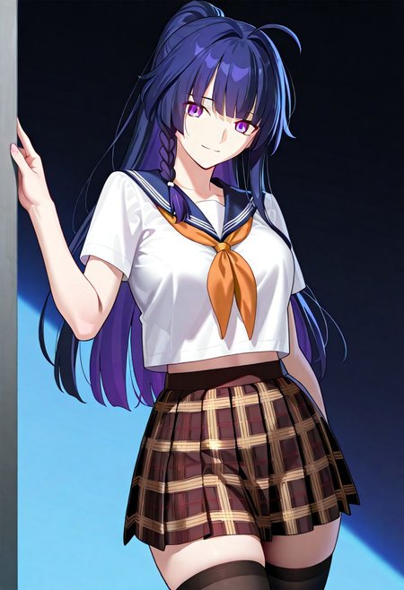 ((masterpiece, best quality, amazing quality, very aesthetic, absurdres)), 
Takeuchi takashi, ((solo)), ((better eyes)), peaceful, smile, closed mouth, 1girl, (large breasts, thin waist, wide hips), (((raiden_mei_honkai_impact_3rd))), (((black hair, purple tinted hair, purple eyes))), ((long hair, bangs, side_braid, ponytail)), (((white top, orange neckerchief, short sleeves, pleated skirt, plaid skirt, brown skirt, black stockings))), no background, dark background, sideshot, cowboy shot, dark background, portrait, looking at viewer