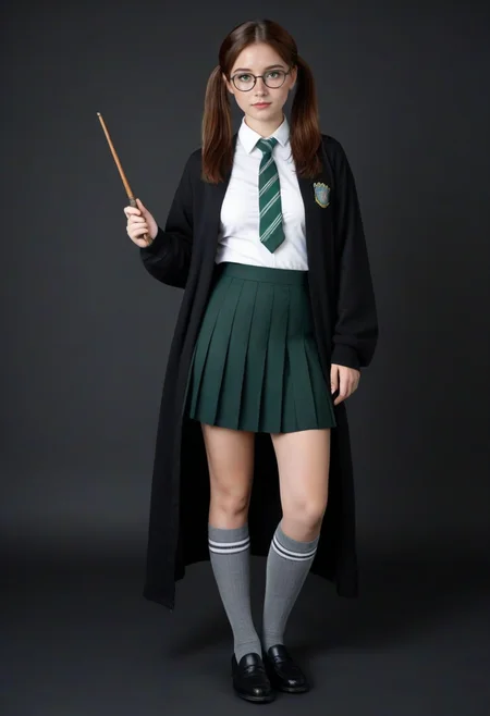 newest, masterpiece, best quality, 4k,
black background, very aesthetic, detailed background, full body,standing,
1girl, ,solo, green eyes, brown hair, twintails, freckles, glasses, medium breasts, <lora:hogwarts_uniforms:1>slytherin, grey sweater, pleated skirt, grey skirt, kneehighs, grey socks, black loafers, green necktie, striped necktie, green trim, silver trim, emblem,black robe, holding wand