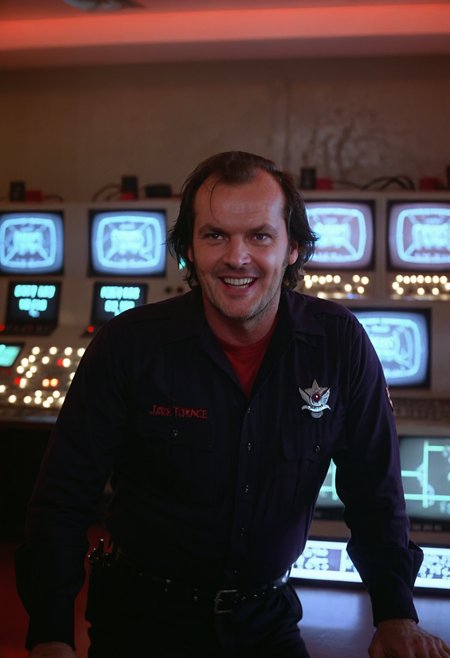 ControlRoom Shin1ng, consoles, lights, screens, neon lights, Jack Torrance, man, wearing uniform, evil grin, indoors, highly detailed, 4K, ((bright, 35mm photo, grainy))