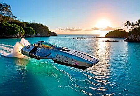 photograph, smooth, sleek (WipEout anti-gravity craft), (split-front:1.3), landing in the waters of a lagoon, tropical island, blue sky, sunset, sharp, high detailed, realistic, , scifi, futuristic, science fiction, sharp focus, masterpiece, best quality