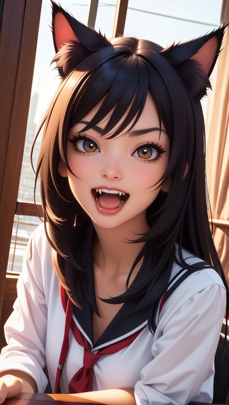masterpiece,  best quality, cat girl, open mouth, fangs,