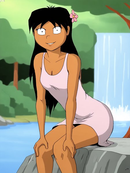score_9, score_8_up, score_7_up,  score_6_up, BREAK, N1nj4M4i, 1girl, solo, long hair, black hair, dark-skinned female, pink dress, in the forest, sitting,hands on knee, smile, leaning forward, flower, outdoors, day, water, tree, looking at viewer, waterfall, mos   <lora:Ninja_Girl_Mai-000008:1>