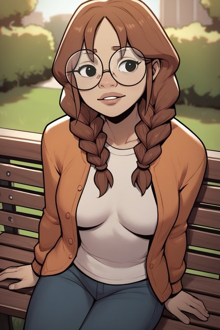 zPDXL3,  <lora:PSA_Amie:1> 1girl, long hair, glasses, twin braids, brown hair, round eyewear, black eyes, breasts, solo, sitting, bench, outdoors, park,