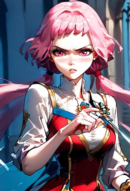 score_9,score_8_up,score_7_up,score_6_up,
source_anime, (best quality), (masterpiece), (extremely detailed), (finely detailed), (detailed face, perfect face, perfect eyes, beautiful detailed shading), (perfect hands), (full colors), blush, 
BREAK, 
cowboy shot, upper body,
1girl, solo, 纳兰嫣然, pink hair, twintails, long hair, pink eyes, large breasts, holding a sword, action pose