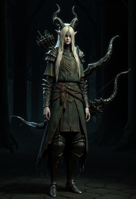 an elf archer standing in a dense, misty forest. She has long, platinum blonde hair, pointy ears, and a serious expression. She wears intricate, dark green and black armor with ornate designs, including shoulder plates and gauntlets. Her bow is elaborate, with a dark, metallic finish and decorative elements. The character has an unusual anatomy with disproportionately large hands with claw-like fingers and digitigrade legs ending in hooved horse feet. the legs shape is like a goat
Standing on a flat ground the camera angle is high rotated
Set against a solid dark black color background to emphasize its unnatural form that emphasizes its silhouette. The medium is not a traditional painting or illustrative medium like watercolor or ink but rather a digital 3D rendering.
MikeFranchinastyle, bbstyle,, horror theme,, ZBClay model of a gray sculpture, zbrush, d4arks0uls, overcast lighting, jedioutfit