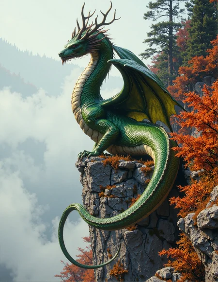 detailed Cinematic scene in a landscape.  Picture a green, serpentine dragon with antler-like horns, whiskers, and scale-like skin texture, with two big wings, perched on a rocky cliff edge. The dragon is facing right, with its long body curving across the frame.  The cliff is covered in orange and red autumn foliage.  A misty fog fills the background, obscuring details of the distant landscape except for some evergreen trees faintly visible.  The lighting is soft and natural, creating a serene and slightly mysterious atmosphere, <lora:FantasyWizardWitchesFluxV2-000001:0.8>, <lora:FluxMythR3alisticF:0.6>, <lora:RetroAnimeFluxV1:0.4>