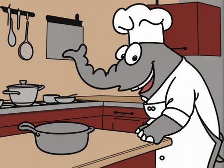 <lora:Ottifant_sdxl:0.5>  Ottifant smiling , as a chef in a kitchen