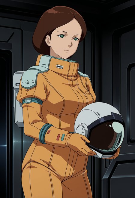 1girl,solo,mm,mature female,brown hair,short hair,green eyes,anime coloring,
spacesuit,helmet,cowboy shot, indoors
,masterpiece,best quality,amazing quality,<lora:Emma_Sheen-Zeta_Gundam:0.8>