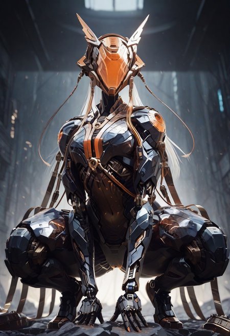 Masterpiece, 8K ultra-high definition, hyper-realistic 3D rendering with cinematic lighting, focusing on aggressive bio-mechanical exoskeleton design - showcasing reinforced alloy armor with hydraulic conduits, synthetic muscle fibers and circuit patterns glowing under neon lights, giant serrated arm blades refracting cold gleam. Central figure in dominant crouching stance, streamlined horned helmet seamlessly integrated with neck machinery, featureless head tilted slightly while gazing at viewer. Background features multi-layered cyberpunk metropolis: maglev trains cutting through holographic advertisements, acid rain droplets condensing on nano-coated armor surface, distant corporate logos contrasting sharply with slum lights, using depth-of-field blur to enhance visual impact of the mechanized subject，<lora:incase_new_style_red_ill:0.6>, <lora:Mechanism-Illustious:0.8>, <lora:BIOMECHA_XL_R:0.5>