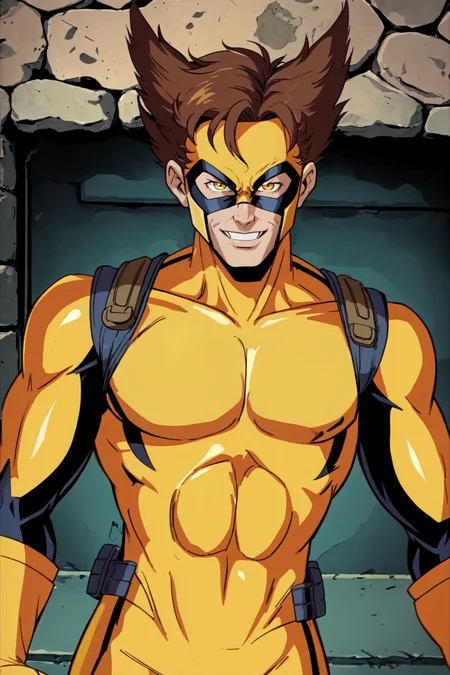 X-men TaS Style, 1boy, bodysuit, male focus, mask, smile, solo, yellow bodysuit, Wolverine<lora:XmenStyle:0.8>