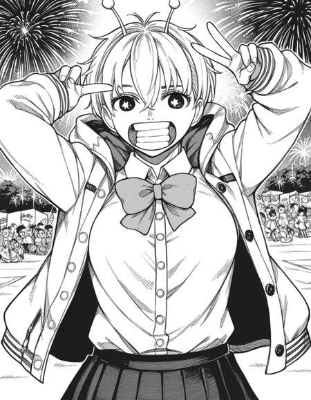 score_9, score_8_up, score_7_up, source_anime, <lora:vamola-manga-ponyxl-lora-nochekaiser:1>, vamola, short hair, bangs, hair between eyes, symbol-shaped pupils, antennae, star-shaped pupils, monochrome, greyscale, medium breasts,, skirt, shirt, bow, school uniform, jacket, pleated skirt, collared shirt, bowtie,, festival, fireworks, summer night, food stall, traditional, arms up,, , v, v over mouth, smug,, looking at viewer, solo,, dutch angle, cowboy shot