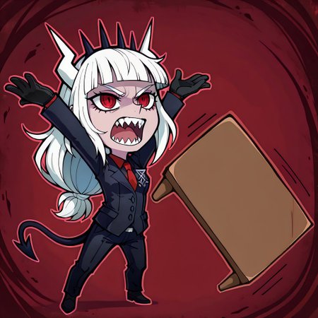 masterpiece, best quality, newest, absurdres, highres, anime, anime style, colorful, sticker, outline, chibi, Table-Flip-IL.V1.0, table, table flip,
1girl, lucifer \(helltaker\), black suit, red necktie, black collared shirt, black gloves, blunt bangs, demon horns, demon girl, demon tail, sharp teeth, red eyes, white hair, long hair