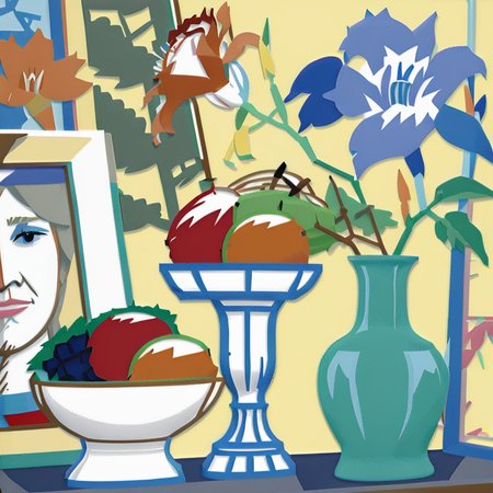 <lora:w3ss:1>w3ss, still life, picture frame, fruit bowl, flowers in vase