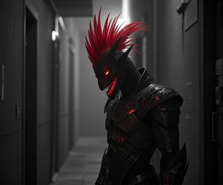 <lora:[FLUX.1 [dev] - LoRa] [Style] 'Improved Photography' [v1.0 - 09.12.2024] [SPECTRUM #0007 by AI_Characters].safetensors:1> analog photo in tr artstyle
In the dimly lit alleyway, the figure stands as a silhouette against the foggy backdrop, its presence both commanding and enigmatic. The monochromatic grayscale of the scene is punctuated only by the vivid red of the creature's feather-like projections, which fan out from its head like a regal crown. The metallic armor, meticulously crafted with intricate, angular patterns, gleams under the soft, focused light, casting deep, dramatic shadows that sculpt its form. The armor’s surface is a study in contrasts, with smooth, polished sections reflecting the dim light, while the deeper recesses retain a sense of mystery and depth.
The creature’s face, partially obscured by shadows, reveals a large, fearsome grin. The sharp teeth, each a precise edge, are illuminated by the stray light, adding to the intensity of the moment. Its eyes, a striking red that pierces through the grayscale world, glow with an otherworldly intensity, conveying a sense of both danger and allure. The background is softly blurred, a gentle haze that further emphasizes the creature’s elaborate and surreal design, creating a scene that is both sensual and mysterious, a blend of vintage glamour and film noir intrigue.