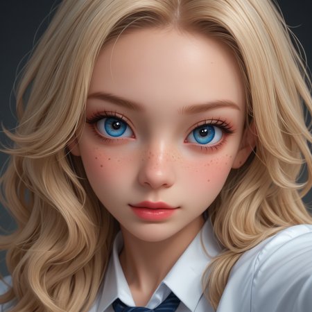 best, masterpiece, Domi with wavy blonde hair and blue eyes, extreme closeup, exotic colorful makeup, model face, model pose, selfie, highly detailed skin texture, freckles, highly detailed photo, professional photograph, dynamic lighting
