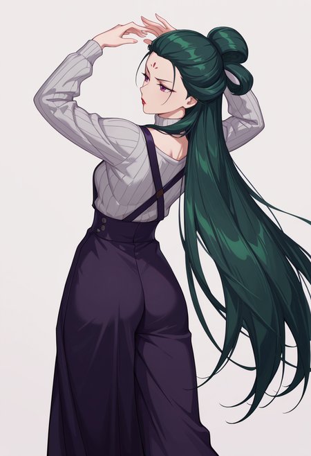 Smooth Quality,masterpiece,very intricate, high quality details, ultra realistic, high detailed skin,detailed enviorement,absurdres,
simple background, white background,solo,
from behind,annoyed,dancing, 
 <lora:Fengxian_CNR:0.8> feng_cnr, 1girl,green hair,very long hair,purple eyes,forehead mark, collarbone, red lips,
turtleneck sweater, ,unitard,  ,suspender skirt,  ,
