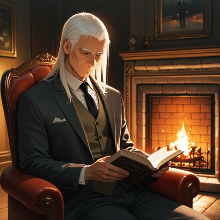 masterpiece, best quality, amazing quality, absurdres, newest, detailed background, definition so sharp, Ultra-HD, 8K cinematic, very awa, impressionate, amazing quality, highres, 
solo, male focus, manly, 
daikakukokujouji, lieutenant_white hair, lieutenant_brown eyes, 1boy, solo, old man, long hair, holding book, reading, relaxed pose,suit jacket, vest, armchair, fireplace, warm glow, stately, sophisticated, comfortable, peaceful, knowledgeable, content, joyful, gentleman