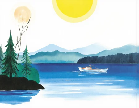 <lora:SUT_NEW:1>, A small boat sailing on a calm blue lake under a yellow sun, illustrated in the style of Vitaly Suteev â stylized nature, clean lines, joyful mood, flat color palette, reminiscent of mid-20th century Soviet picture books