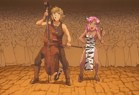 Pink_DragonPink, 1girl, sleeveless dress, white tiger print dress, pelvic curtain, cleavage, white tiger tail, red sash, small breasts, leather shoes, masterpiece, very aesthetic, smiling wide, showing teeth, <lora:pink-illustrious:1>, 
Break
1boy,Anime screencap,link (zelda),blonde hair,blue eyes,pointy ears, low ponytail, sidelocks, wearing blue hyilian tunic, playing ocarina 
Break
On a raised medieval stage, in front of a large crowd, pink_dragonpink playing contrabass, holding a bow, doublebass, instrument, bow_(music), Link plays an ocarina beside her, link playing music on his ocarina