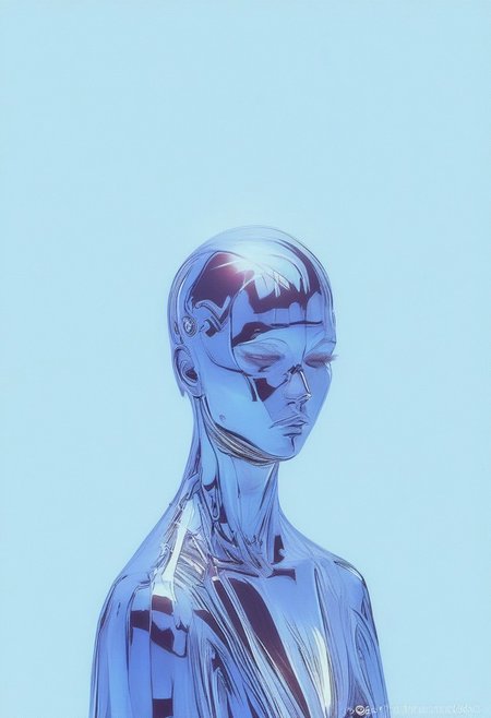 A mesmerizing hyper-realistic dreamy_fantasy representation features a faceless woman adorned in a Tibetan robe, lavishly embroidered with vibrant colors that contrast sharply against a simple dark and blue background. Her skin appears metallic, reflecting a chromecore aesthetic that adds depth to her ethereal presence. The scene is captured from a low-angle perspective, making her seem imposing as she looks down at the viewer. 
Her right hand forms a three-point crown sign, symbolizing authority and prestige, while her left hand mimics the gesture, reinforcing the strength of her expressionless demeanor. The intricate details of her robe and the enchanting glow that surrounds her create a dreamlike atmosphere, drawing the viewer into her world. The vibrant colors of her attire shine against the monochrome elements, enhancing the dark vibes of the scene. 
This composition highlights her serious aura, inviting an exploration of themes like power and mystique within a dark fantasy realm. **chromecore**, **simple background**, **dark and blue background**, **vibrant colors**, **colorful**, **metal skin**, **expressionless**, **serious**, **bright**, **dark vibes**, **dark fantasy**, **armor**, **monochrome**, **colored skin**, **gradient**, **hand**, **ctdrm**, **dreamy**, **novuschroma74 style**.
