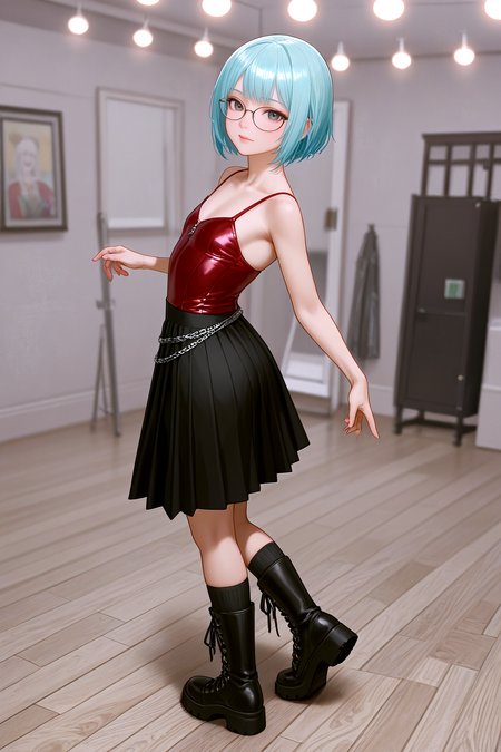 <lora:pytorch_lora_weights_361535:1>,<lora:Skin Color_alpha1.0_rank4_noxattn_250steps:-0.35>,
A professional scenic photography of a 28 year old   Woman,solo,hazel eyes,(medium length turquoise hair),kinky hairs Shag Cut,(average body:1.1),flat chest hard breasts,ass,kawaii,petite,glasses,mole,
a red satin_bustier, high-waisted black pleated_skirt, black combat_boots, red platform_sneakers, silver chain_belt,
An underground music stage featuring a vibrant array of lights and atmospheric smoke. The wooden floor creaks under the weight of dancing feet while colorful beams of light dance across the walls. The air is thick with energy, as musicians pour their hearts into every note, creating an unforgettable experience,, highly detailed skin with hairs,detailed skin,detailed face,detailed eyes,sharp focus,Masterpiece,best quality,realistic,HDR, 8K, masterpiece, best_quality, absurdres, ultra-detailed, highly_aesthetic, highly_detailed_eyes, depth_of_field, realistic_body