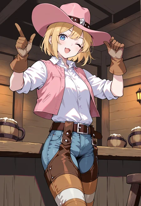 1girl, cowboy hat, blonde hair, blue eyes, short hair, white shirt, short sleeves, pink vest, gloves, jeans, chaps, solo, indoors, tavern, finger gun, hand on hat, wink, smile, chestnut mouth,  <lora:Kathy_suiko:1>, masterpiece, best quality, amazing quality, very aesthetic, absurdres, highres, newest