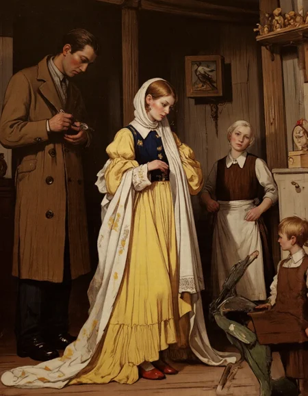 UHD, 8K, ultra detailed, a cinematic photograph of Rembrandt style <lora:suteev:1>, This is a highly detailed, realistic oil painting by German artist Max Liebermann, titled "The Snow Queen." The painting depicts a scene from the fairy tale "The Snow Queen" by Hans Christian Andersen. The central figure is a young woman dressed in a voluminous, yellow gown with a dark blue bodice and puffy sleeves. Her hair is styled in a loose, wavy fashion, and she wears red high-heeled shoes. Surrounding her are three other figures: a man, a woman, and a boy. The man, standing to the left, has a serious expression and wears a brown coat and trousers. The woman, standing slightly behind the man, has a neutral expression and is dressed in a dark brown dress with a white apron. The boy, standing to the right, has a curious expression and is dressed in a white shirt with brown trousers and a vest., 
The setting appears to be a rustic, wooden interior with a wooden ceiling and beams. The walls are adorned with a bird sculpture and a small, framed painting. In the background, there is a wooden shelf with various small, wooden toys. The lighting is warm, casting soft shadows that enhance the texture and depth of the scene. The painting captures a moment of stillness and contempl . Baroque, chiaroscuro, realistic, emotional, "flat lighting, beautiful lighting, great composition