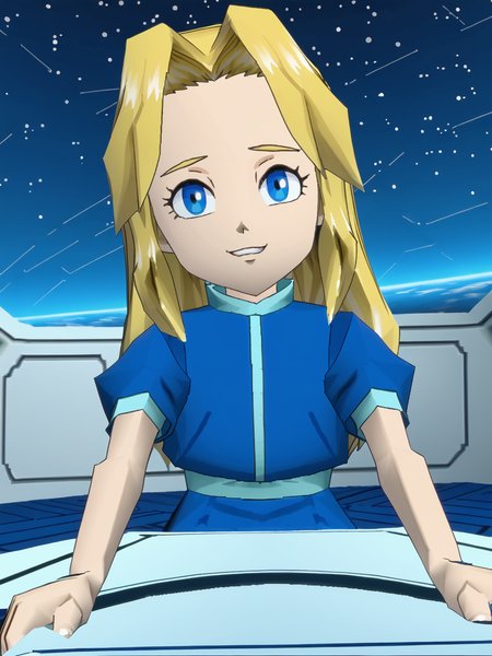 outer space, score_7_up, <lora:Maria Robotnik (SxSG):0.9>, sxsgdbmaria, blonde hair, blue eyes, source_anime, low poly 3d,  <lora:zs_N64ZeldaStyleXL:1.2> n64zeldastyle, screenshot