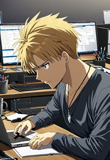 high resolution, solo, best quality, 1Boy, Yamato Ishida, Blond Hair, Necklace, worker, working, workstation, concentration, focus, laptop, OverallDetail