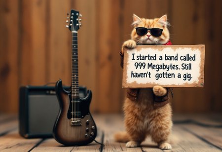 A photorealistic cat standing upright on its hind legs next to a guitar. The cat is wearing sunglasses and a tiny leather jacket, giving off a cool, rockstar vibe. It is holding a sign that reads, 'I started a band called 999 Megabytes. Still haven’t gotten a gig.' The guitar is leaning against a small amplifier, and the background is a simple wooden stage with soft lighting. The cat's expression is serious, adding to the humor of the sign."