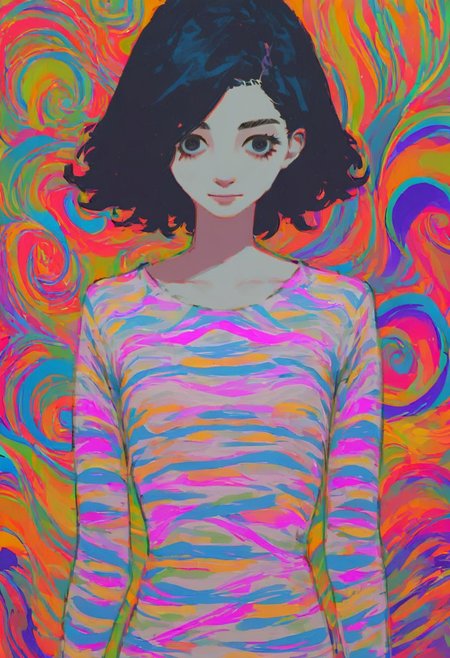 score_9, score_8_up, score_7_up, zPDXL2, detailed background, concept art, source_anime, small chest, dark theme, low light, solo, easynegative, source_anime, colorful abstract background, lineart_style, 1 girl, striped shirt, monochrome, colorful background,
