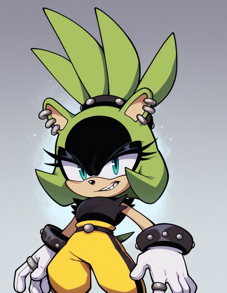 zPDXL, score_9, score_8_up, score_7_up, score_6_up, score_5_up, source_anime, 4k, absurdres, 1girl, solo,
hair down, <lora:Surge_v1-3-15:0.8> surge the tenrec, aqua eyes, green fur, black fur, two-tone fur, black eyeshadow, white gloves, animal ears, sonic \(series\),