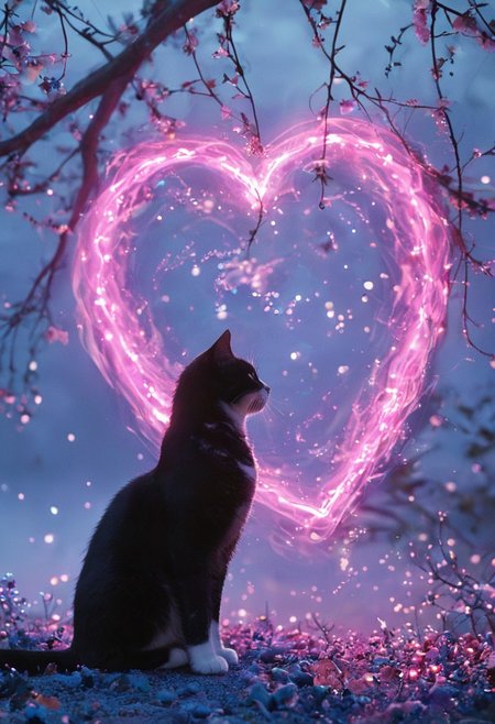 photograph of two cats sitting on a tree branch, facing each other in an intimate and harmonious pose. The left cat is black, while the right cat is white, creating a striking contrast. They are surrounded by delicate, blooming branches with small flowers, adding a serene and romantic atmosphere. The background is softly blurred, focusing the viewer's attention on the cats and their interaction. The lighting is soft, emphasizing the texture of their fur and the gentle ambiance of the scene. <lora:Anime v1.3:1.2> <lora:Blue_Future:0.9> <lora:Ethereal Brush Anime v2.0:0.6> <lora:It's a LoRA for portraits, BUT! actually specialized in backgrounds. v1.0:0.2>,pink heart in front of them,   ethereal glowing swirls, mystical light particles, dreamy atmosphere, vibrant neon mist, twilight city street, hyper-detailed fabric texture, soft illuminated fog, cinematic soft lighting, glowing blue and magenta hues, fantasy realism, enchanted night