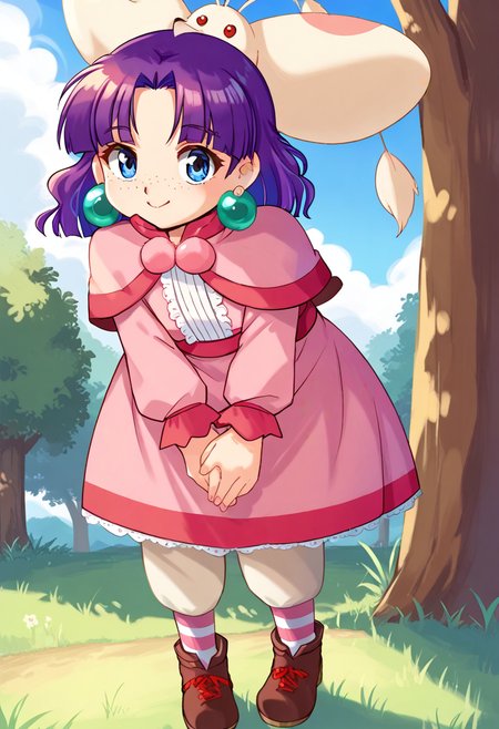 score_9, score_8_up, score_7_up, best quality, uncensored, source_anime, BREAK
1girl, solo, sue(grandia), purple hair, medium hair, hair ribbon, blue eyes, green earrings, freckles, capelet, pink dress, sue(grandia) outfit, striped socks, brown shoes,
relieved, close up, leaning forward, outdoors, 
<lora:sdxl_lightning_8step_lora:1>  <lora:sue(grandia)_XL(pony):1>