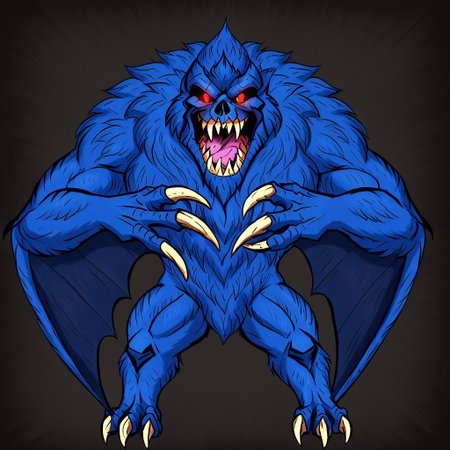 solomon, kaiju, demonic kaiju, no humans, humanoid, skull face, monster, dark blue fur, dark blue skin, glowing red eyes, sharp teeth, humanoid arms, sharp claws, white claws, bat wings coming out of his arms, 4-fingered hands, bird feet with 2 fingers,