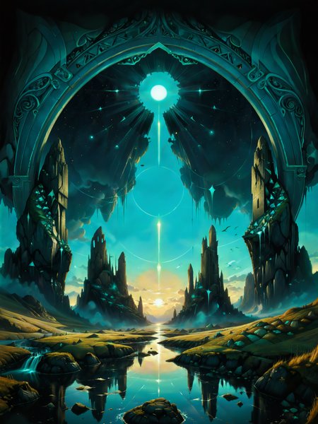 <lora:more_artful-xl:0.8> <lora:add-detail-xl:2.4> <lora:style-matte_black_contrast-xl-v3-by_tijuanaslumlord:0.2> <lora:style-glowing_neon-xl-by_cybernella:0.8> <lora:envybetterhiresfixxl01-xl:0.0:hr=1.0> (vertical symmetry:1.3), vntblk, movie poster art, [night, stonehenge, (moon:0.6), intricately flowing light strands:famous artwork by (jessica rossier:1.3) and (sandro botticelli:1.4), (artifact:1.3), ominous dark (whimsical and mythical:1.4) landscape with towering (obelisks:1.4) piercing the sky, glowing ornate lovecraftian artifact, jagged rock formations, night sky, mysterious, ethereal, deserted, dark corners, (teal:1.2), (chartreuse:0.8), (obsidian black:1.3):16], ultra detailed