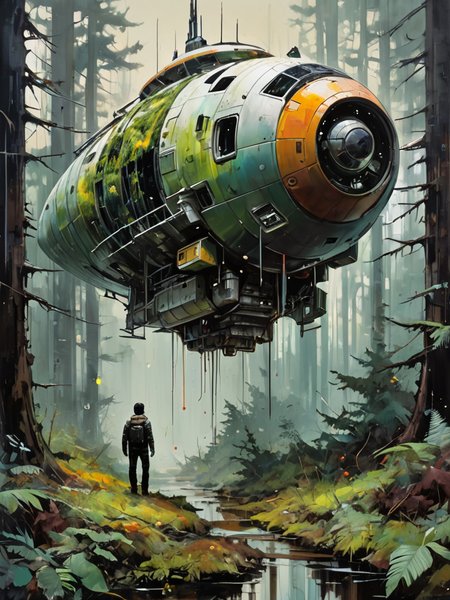 Capture an abandoned spaceship settled in a dense forest, blending Minjae Lee's distinctive styleâmarked by intense colors and dynamic, expressive strokes. Employ heavy, bold brushwork to depict the contrast between the technology's decay and the forest's vitality. Utilize Lee's vibrant palette to highlight the encroachment of nature, with vivid greens, deep browns, and the stark metallics of the spacecraft creating a compelling visual narrative. This oil painting should evoke a sense of both abandonment and natural reclaim, embodying the unique fusion of man-made and natural elements (style of  Jeremy Mann:1.1)