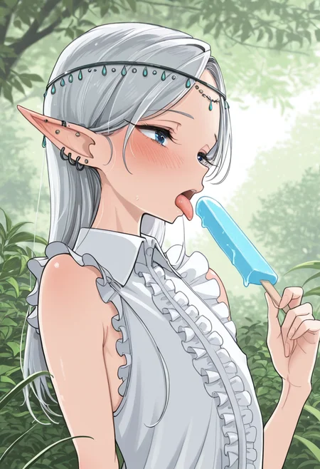ultra detailed, masterpiece, best quality, solo, adult, 1male, otoko no ko, elf, silver hair, head chain, ear piercings, long hair, parted bangs, open mouth, chin up, tongue out, blush, holding huge popsicle, white collared shirt, sleeveless, frilled trim, plants, trees, upper body, outdoors, blush, dh1b1,<lora:DHIBI_Style_IL:1>