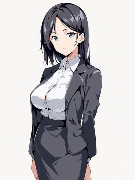 score_9, score_8_up, score_7_up,  
1girl, blue eyes, takeuchi dt, black hair, long hair, large breasts,

standing, looking at viewer, expressionless, white background, office lady, black jacket, black skirt, white shirt, solo,

