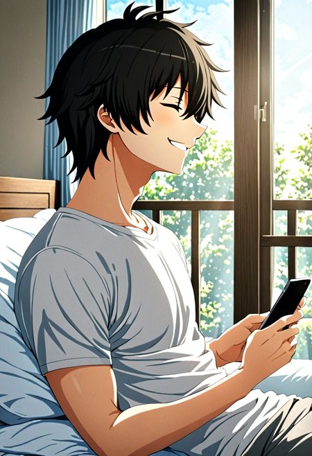 high resolution, solo, best quality, 1Boy, Seiya Kanie, black hair, short hair, thin, holding smartphone, t-shirt, on the bed, sunny day, window, smile, open eyes, side view, sit, nap, indoor, bed room, OverallDetail