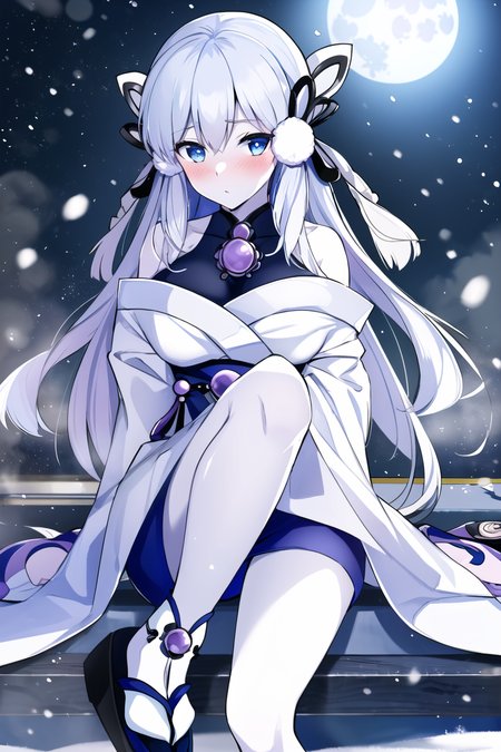 <lora:YukiOnnaYGO-20:0.8>, 
YukiOnnaYGO, AbsoluteZeroMayakashi , 1girl, sandals , solo, looking at viewer, snow storm , blush, sitting, night, snow, winter, dark, pale skin, full moon,