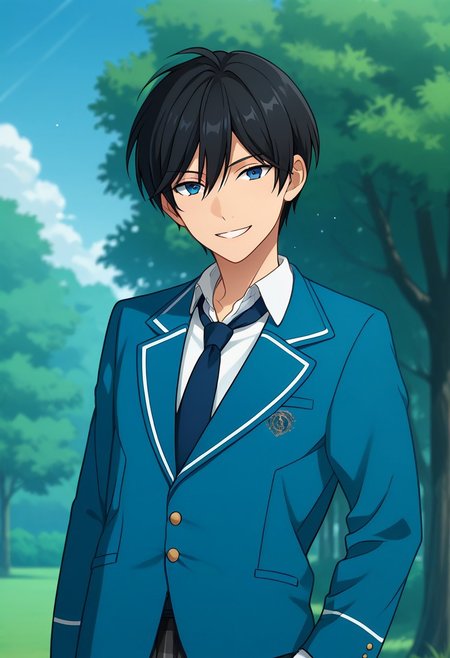 score_9, score_8_up, score_7_up, source_anime, highly detailed, 
hokuto, 1boy, male focus, solo, school uniform, plaid pants, black hair, necktie, blue necktie, 
blue eyes, plaid, pants, blazer, jacket, looking at viewer, upper body, smile,
outdoor, sky, tree