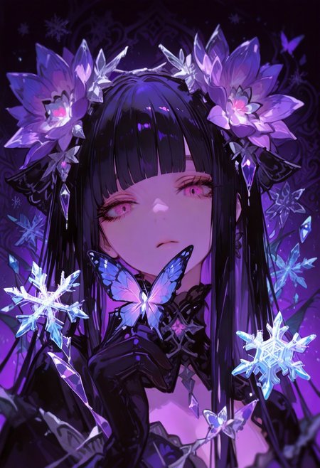 (Theme: Draconic Crystals). masterpiece, newest,absurdres,incredibly absurdres,1girl, Miki, solo, bug, butterfly, bangs, black hair, looking at viewer, long hair, blunt bangs, purple eyes, purple theme, eyelashes, flower, pink eyes, snowflakes look like crystals, 
dark_theme,abstract background, 
depth of field,white sphere on the background
