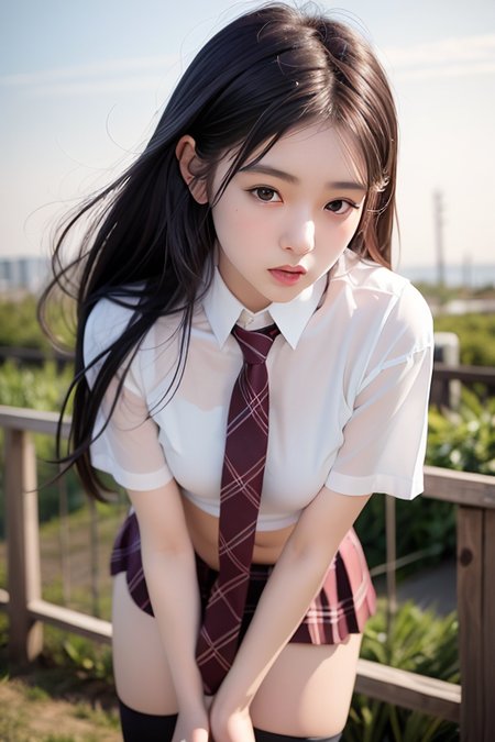 best quality, ultra high res, (photorealistic:1.4), 1girl, black_legwear, head_out_of_frame, holding_hands, interlocked_fingers, necktie, own_hands_clasped, own_hands_together, plaid, plaid_necktie, plaid_skirt, school_uniform, short_sleeves, simple_background, skirt, thighhighs, unmoving_pattern, v_arms, solo