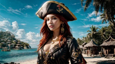 (young redhead pirate woman), (portrait), sharp focus, (ultradetailed), (standing), (happy) smile, pirate (ship galleon:1.2,  hoop earrings, gold medallion, Primary Bluepirate clothes, pirate hat, hips, (pirate parrot:1.2),  pirate (village), leafy beach coast, (treasure chest with coins, gems and jewels:1.2), rum barrel, best quality masterpiece,  bright sunny sky, backlight, natural lights, high contrast, hdr, shadows, pretty, beautiful, feminine, sexy, adorable, lovely, in love, (PirateDiffusionprt:0.5),  <lora:Pirate:0.3>  PrateT  <lora:PirateRealms:0.3> <lora:Detail Tweaker LoRA add_detail:0.8> <lora:depth_of_field_slider_v1:5> <lora:SDXLrender_v2.0:0.9>